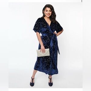 Unique Vintage 1970s Navy & Silver Stars Velvet Wrap Midi Dress